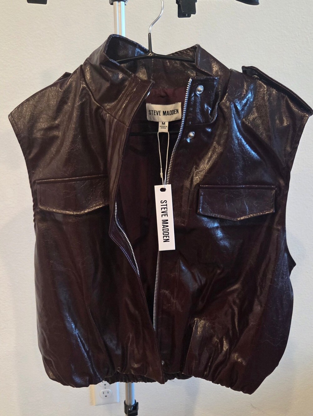 NWT Steve Madden Burgundy Faux Leather Vest Medium Trench Moto Puffer Layering
